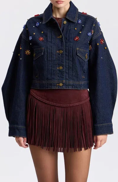 Avec Les Filles Crystal Embellished Crop Denim Trucker Jacket In Blue