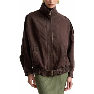 Avec Les Filles Denim Belted Bomber Jacket In Brown