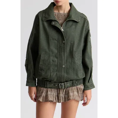 Avec Les Filles Denim Belted Bomber Jacket In Green