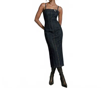 Avec Les Filles Denim Buckle Midi Dress In Dark Rinse In Blue