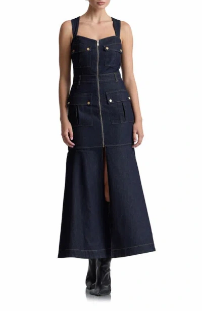 Avec Les Filles Denim Cargo Fit & Flare Maxi Dress In Dark Rinse