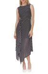 Avec Les Filles Directional Stripe Asymmetric Hem Dress In Black And White Stripe