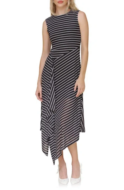 Avec Les Filles Directional Stripe Asymmetric Hem Dress In Black And White Stripe