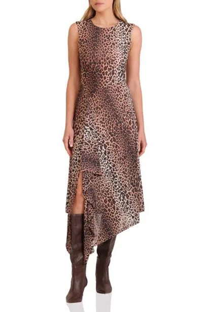 Avec Les Filles Directional Stripe Asymmetric Hem Dress In Animal Print