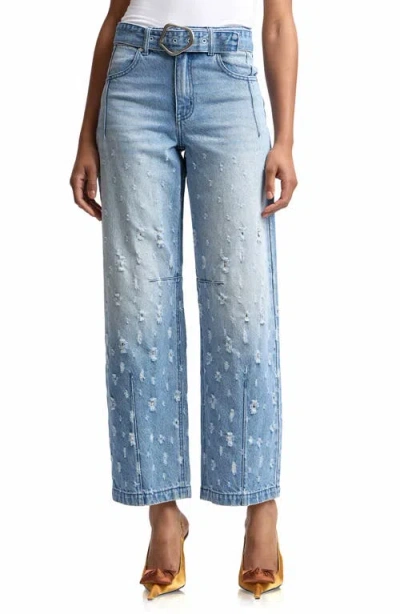 Avec Les Filles Distressed Darted High Waist Wide Leg Jeans In Blue