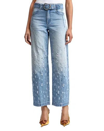 Avec Les Filles Distressed High Rise Wide Leg Belted Jeans In Martin Wash In Blue