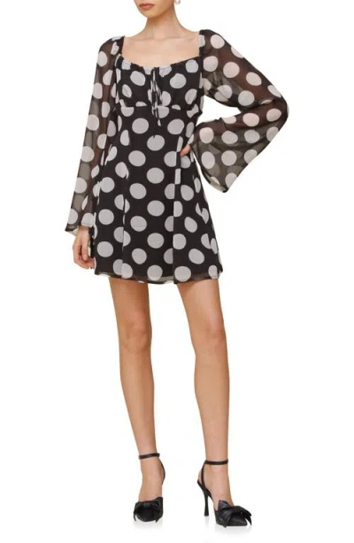 Avec Les Filles Dot Long Sleeve Chiffon Minidress In Black And White Dot