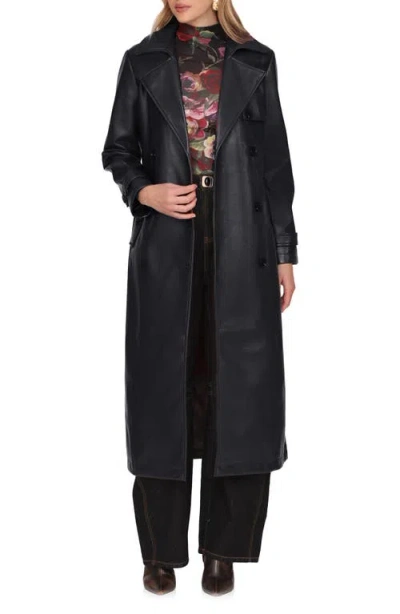 Avec Les Filles Double Breasted Faux Leather Trench Coat In Black
