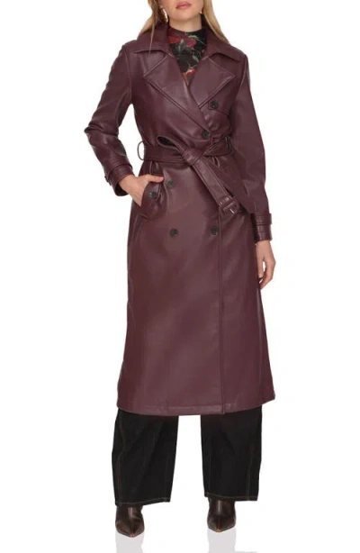 Avec Les Filles Double Breasted Faux Leather Trench Coat In Burgundy
