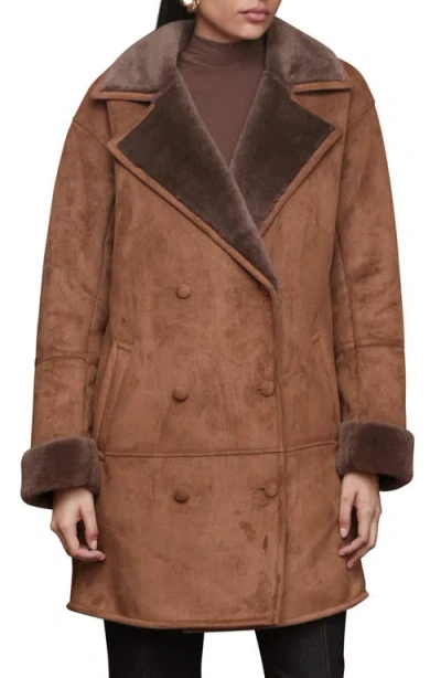Avec Les Filles Double Breasted Faux Shearling Coat In Brown
