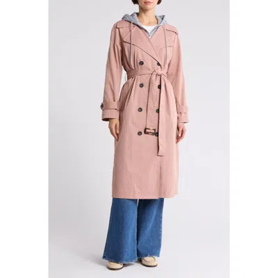 Avec Les Filles Double Breasted Hoodie Trench Coat In Woodrose