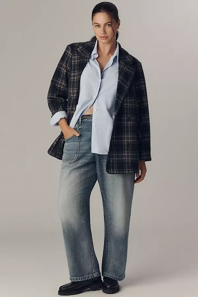 Avec Les Filles Double-breasted Knit Plaid Blazer Jacket In Blue