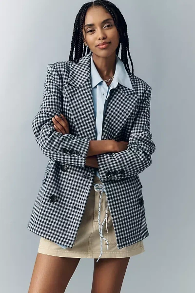 Avec Les Filles Double-breasted Knit Plaid Blazer Jacket In Blue