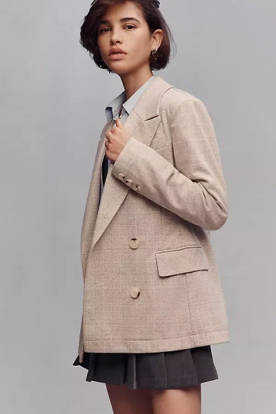 Avec Les Filles Double-breasted Knit Plaid Blazer Jacket In Neutral