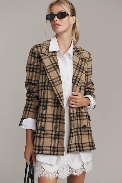Avec Les Filles Double-breasted Knit Plaid Blazer Jacket In Brown