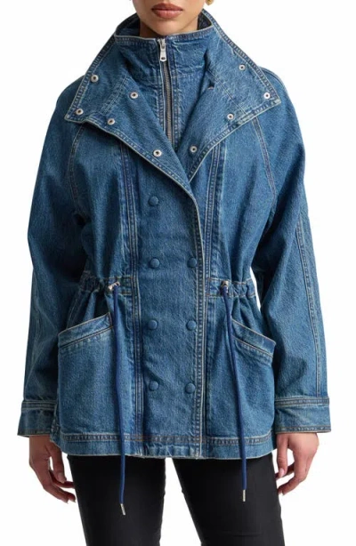 Avec Les Filles Double Breasted Stretch Denim Jacket With Bib Inset In Blue