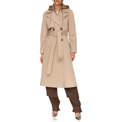 Avec Les Filles Double Breasted Trench Coat With Hooded Quilted Dickey In Khaki