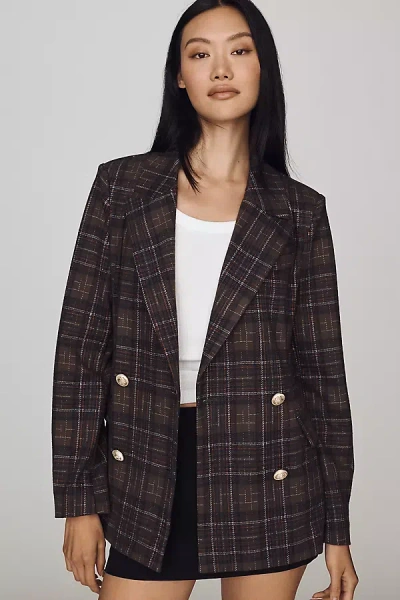 Avec Les Filles Double-breasted Knit Plaid Blazer Jacket In Green