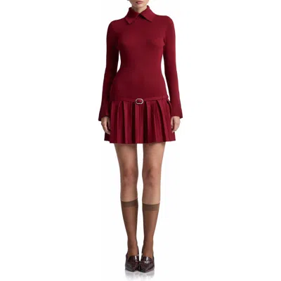 Avec Les Filles Belted Drop Waist Pleated Sweater Dress In Burgundy