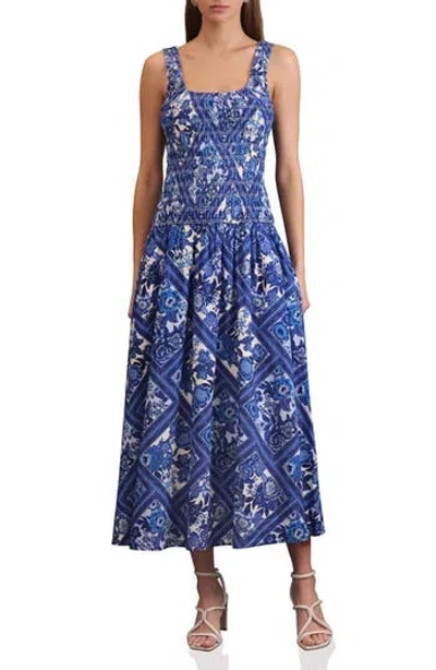 Avec Les Filles Drop Waist Smocked Midi Dress In Blue