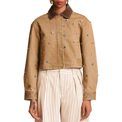 Avec Les Filles Contrast Collar Embellished Jacket In Brown