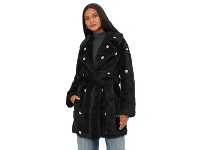 Avec Les Filles Embellished Faux Fur Belted Coat In Black