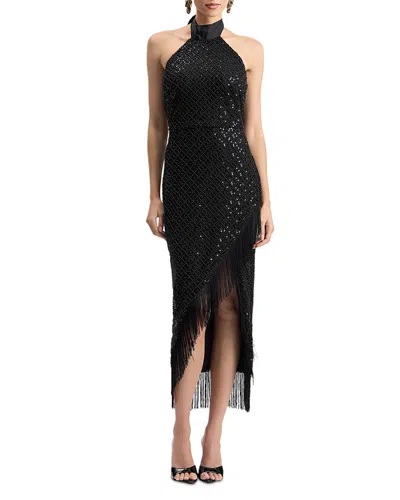 Avec Les Filles Embellished Fringe Hem Halter Midi Dress In Black