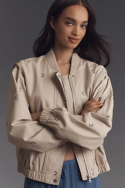 Avec Les Filles Embroidered Bomber Jacket In Beige