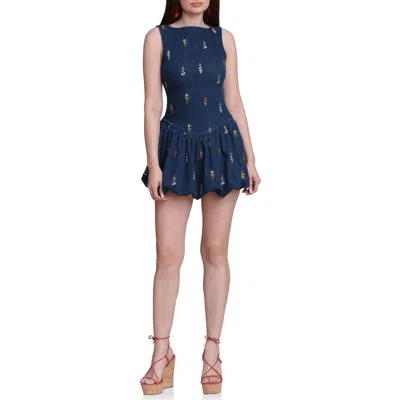Avec Les Filles Embroidered Bubble Hem Denim Minidress In Blue
