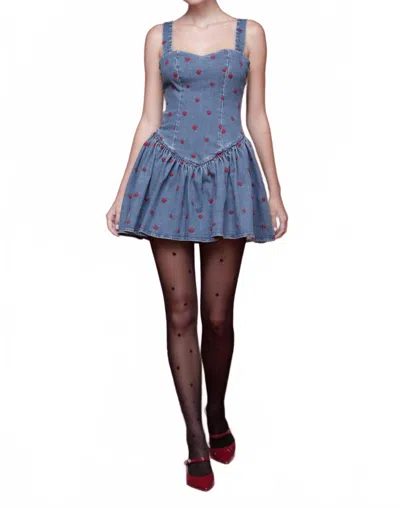 Avec Les Filles Embroidered Denim Drop-waist Mini Dress In Monarch Heart In Blue