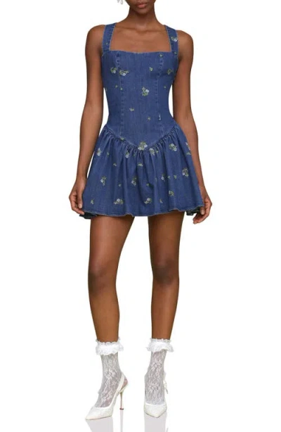 Avec Les Filles Embroidered Denim Romper In Kauri Wash,ditsy Floral