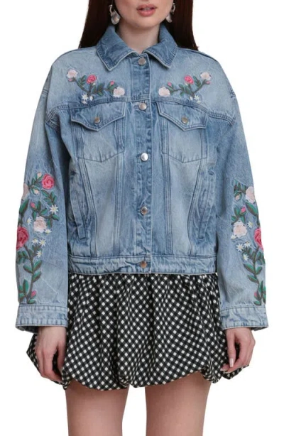Avec Les Filles Embroidered Denim Trucker Jacket In Blue