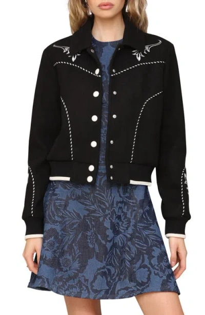 Avec Les Filles Embroidered Faux Suede Western Bomber Jacket In Black