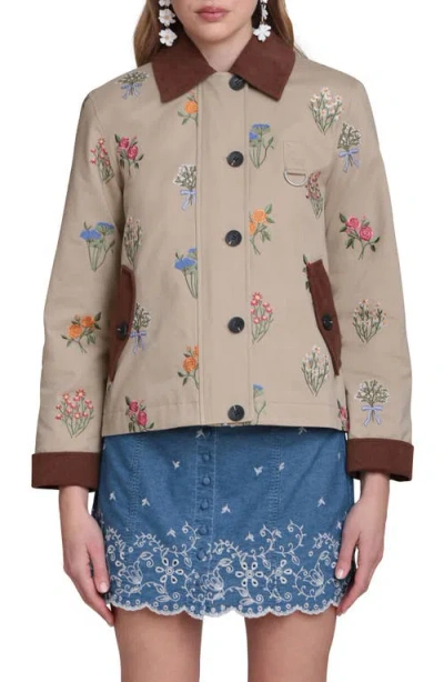Avec Les Filles Embroidered Floral Cotton Chore Jacket In Brown