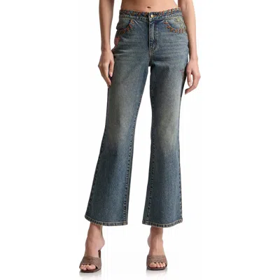 Avec Les Filles Embroidered Lace-up Flare Leg Jeans In Pelican Wash