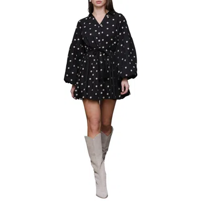 Avec Les Filles Embroidered Long Sleeve Babydoll Mini Shirtdress