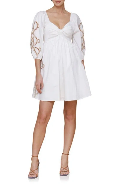 Avec Les Filles Embroidered Rhinestone Stretch Cotton Mini Sundress In White