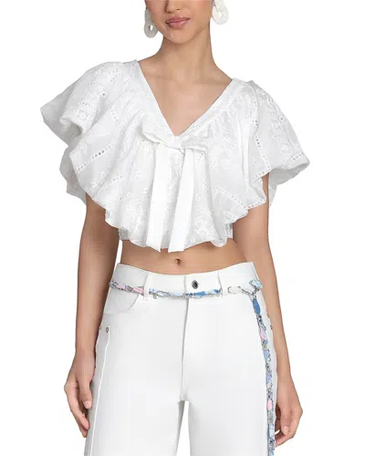 Avec Les Filles Embroidered Ruffle V Neck Crop Top In White