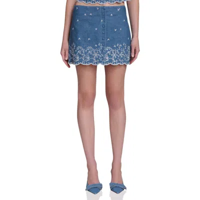 Avec Les Filles Embroidered Scallop Denim Miniskirt In Blue