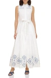 Avec Les Filles Eyelet Embroidery Sleeveless Maxi Dress In White Blue