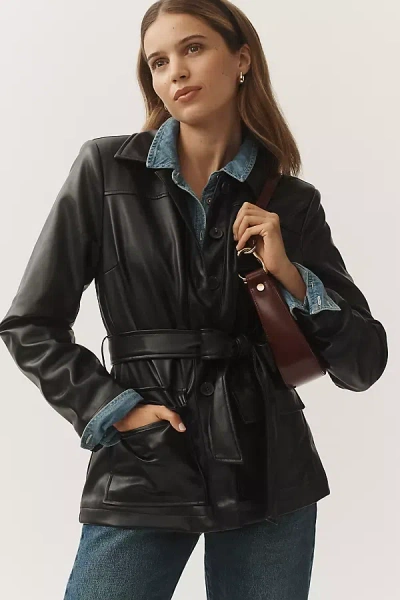 Avec Les Filles Faux-ever Leather Belted Shacket Jacket In Black