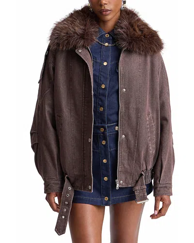 Avec Les Filles Faux Fur Collar Cotton Blend Bomber Jacket In Burgundy