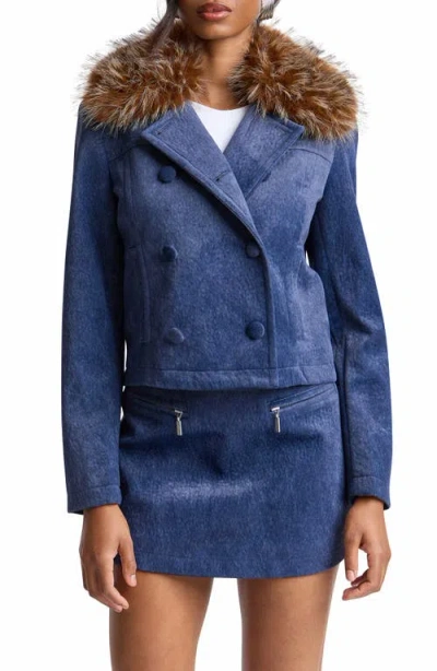 Avec Les Filles Faux Fur Collar Double Breasted Jacket In Bright Blue