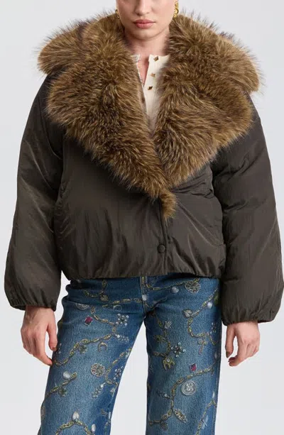 Avec Les Filles Faux Fur Collar Puffer Jacket In Brown
