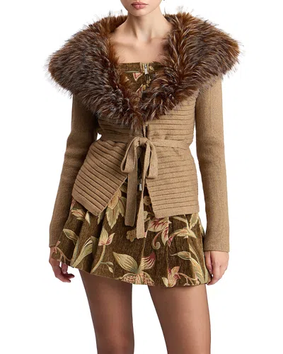 Avec Les Filles Faux Fur Collar Tie Cardigan Sweater In Brown