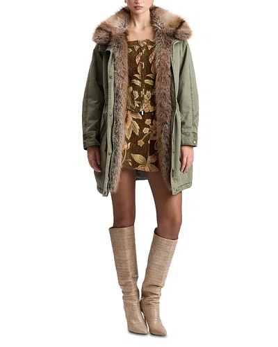 Avec Les Filles Faux Fur Trim Cotton Parka Coat In Green