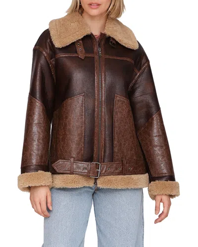 Avec Les Filles Faux Fur Trim Moto Jacket In Brown