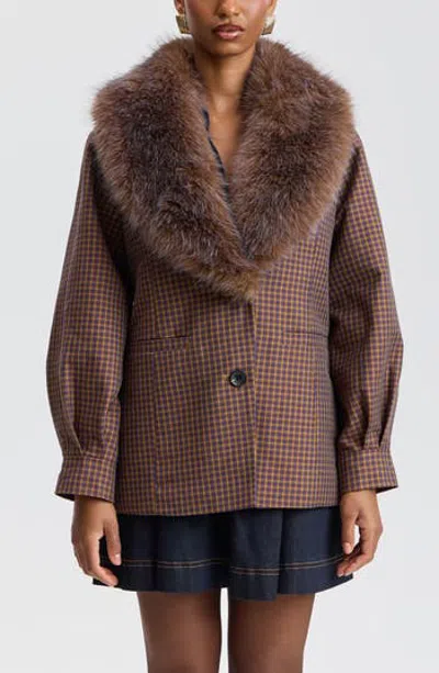 Avec Les Filles Faux Fur Trim Oversized Blazer In Brown