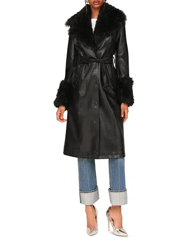 Avec Les Filles Faux Fur Trim Patent Croc Texture Faux Leather Trench In Black