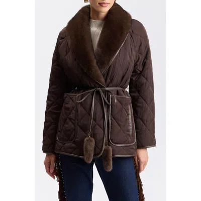 Avec Les Filles Faux Fur Trim Quilted Jacket In Brown